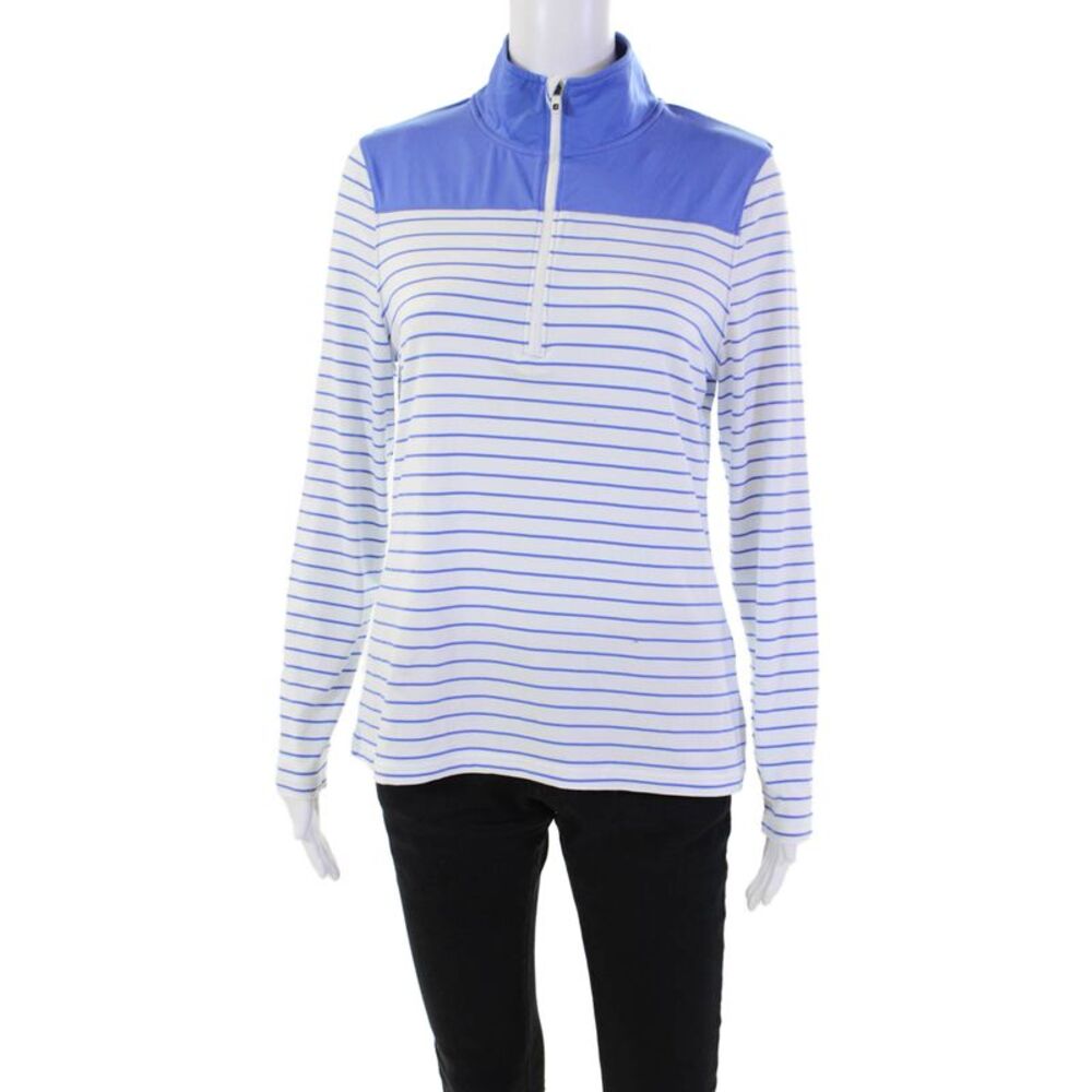 FJ Womens Striped Half Zip Mock Neck Long Sleeve Active Top White Blue Size S